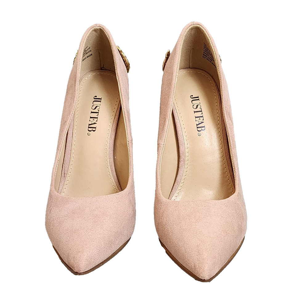 Justfab Suede Stiletto Pumps Size 6.5 Metal Bejeweled Heels Beige Nude Eve
